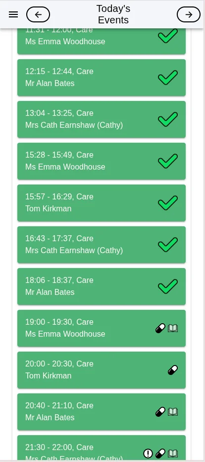 The care worker app's list of today's visits, with completed visits ticked and medication due on later ones